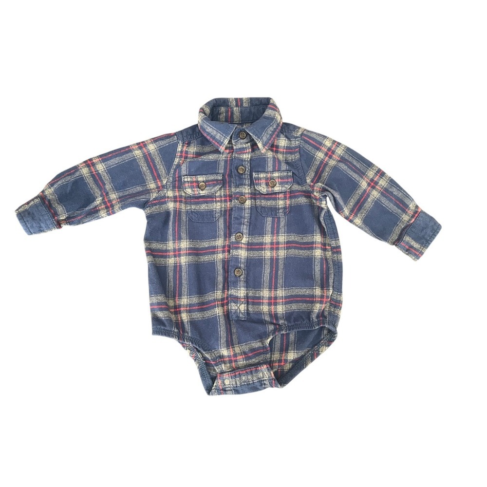 OshKosh Bgosh Baby Blue Plaid Flannel Button Front Bodysuit 18M (1050)